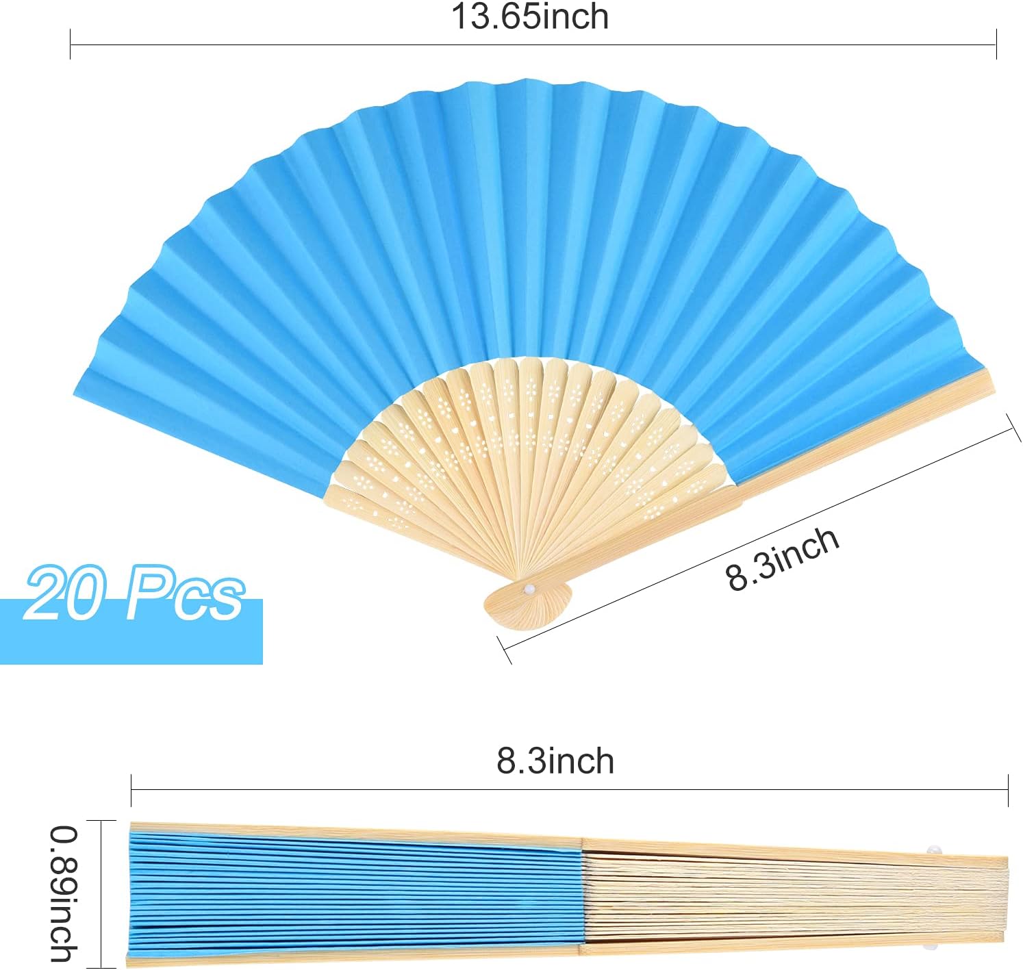 FEPITO 20 Pcs Handheld Paper Fan Paper Folding Fans with Bamboos for Wedding Gift, Party, Home