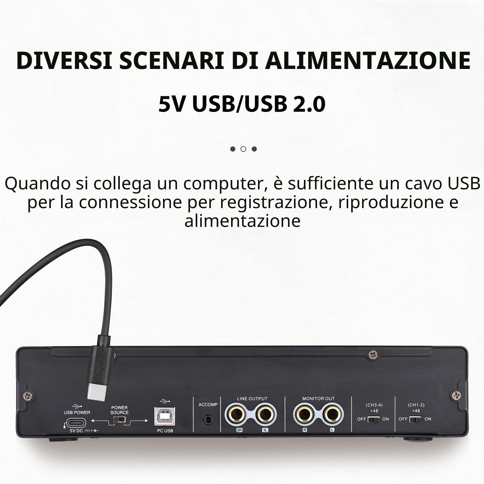 Scheda audio con interfaccia USB a 4 canali con alimentazione phantom da 48 V, 2 ingressi e 2 uscite, 24 bit 192 kHz per registrazione professionale, karaoke dal vivo, streaming, performance DJ e
