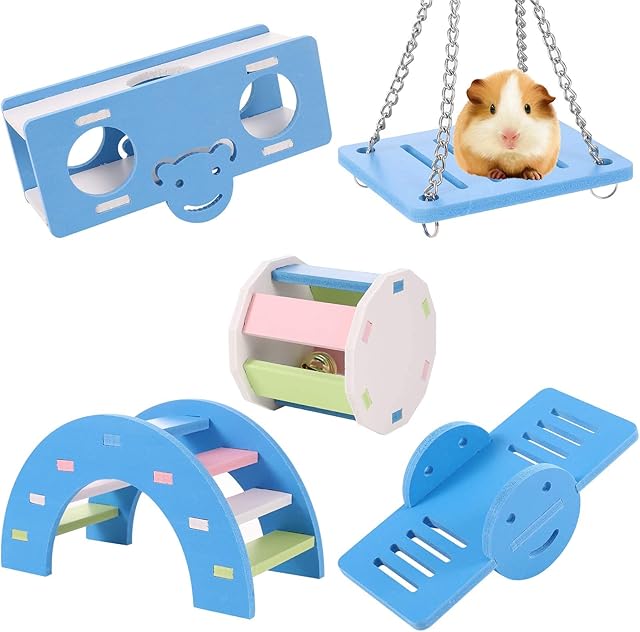 Smilcloud 5 Pcs Lovely Hamster Play Toys, Rainbow Bridge & Seesaw & Swing, Climb and Play Toy, Hamster Chew Toys DIY Hamster Cage Accessories for Small Pets(Blue)