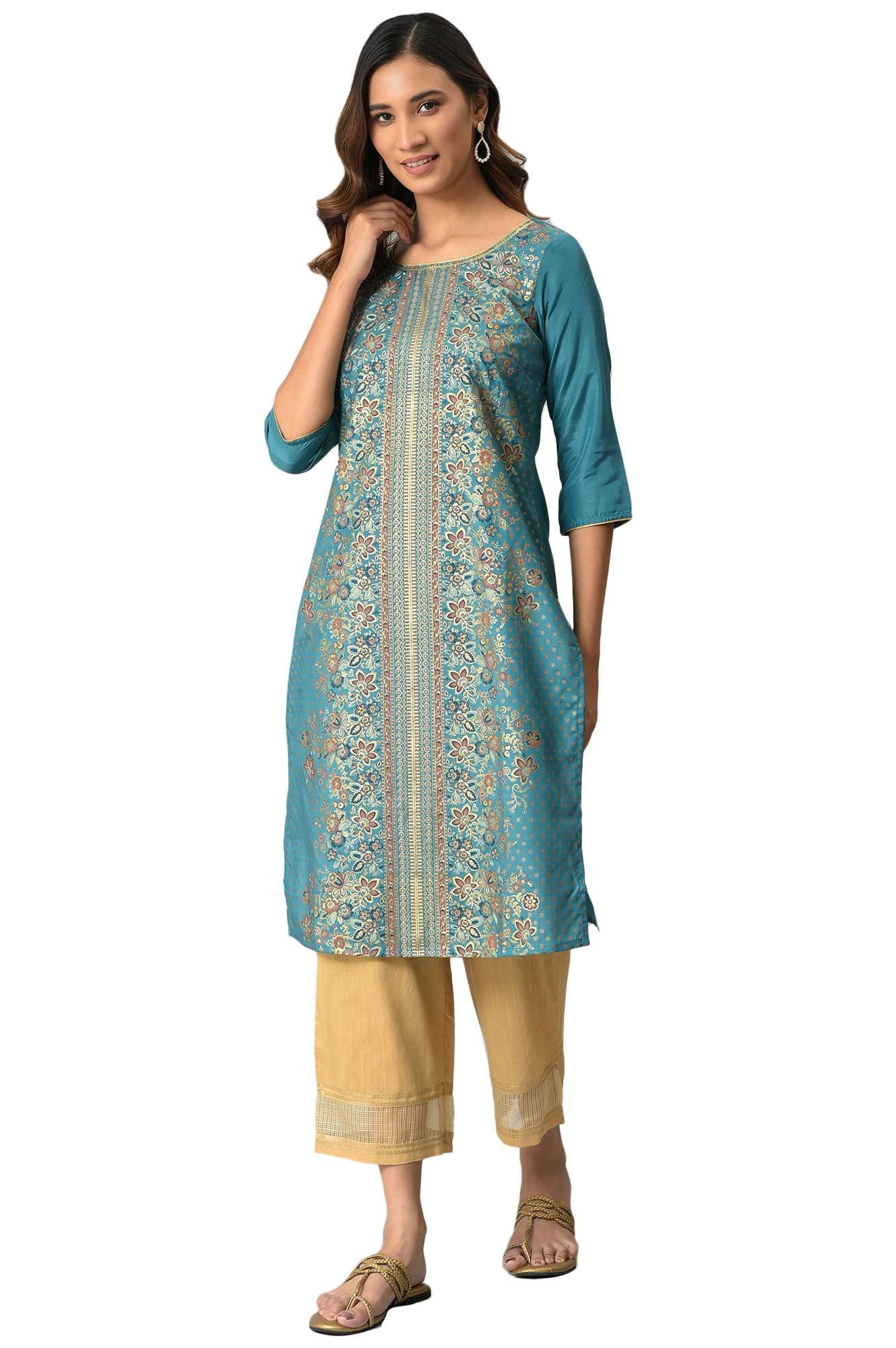 Aurelia Green Floral Printed Sequined Ethnic Kurta in green
