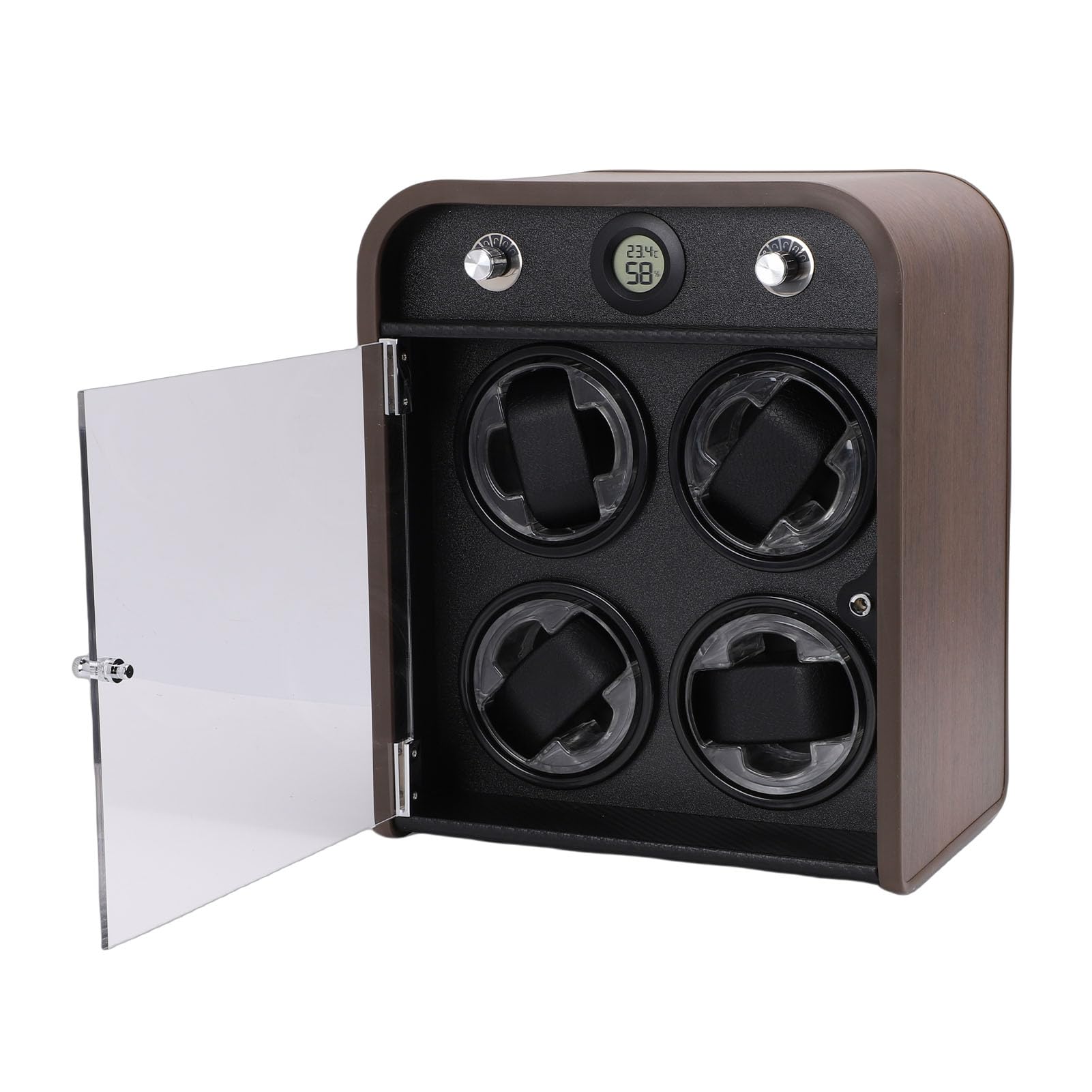 Asixxsix Rotomat Do 4 Automatycznych Zegarków, 5 Trybów Pracy, Obudowa Z Podświetleniem LED Czujnik Temperatury I Wilgotności Supercichy Silnik Zasilany Przez USB Skrzynka Ekspozycyjna