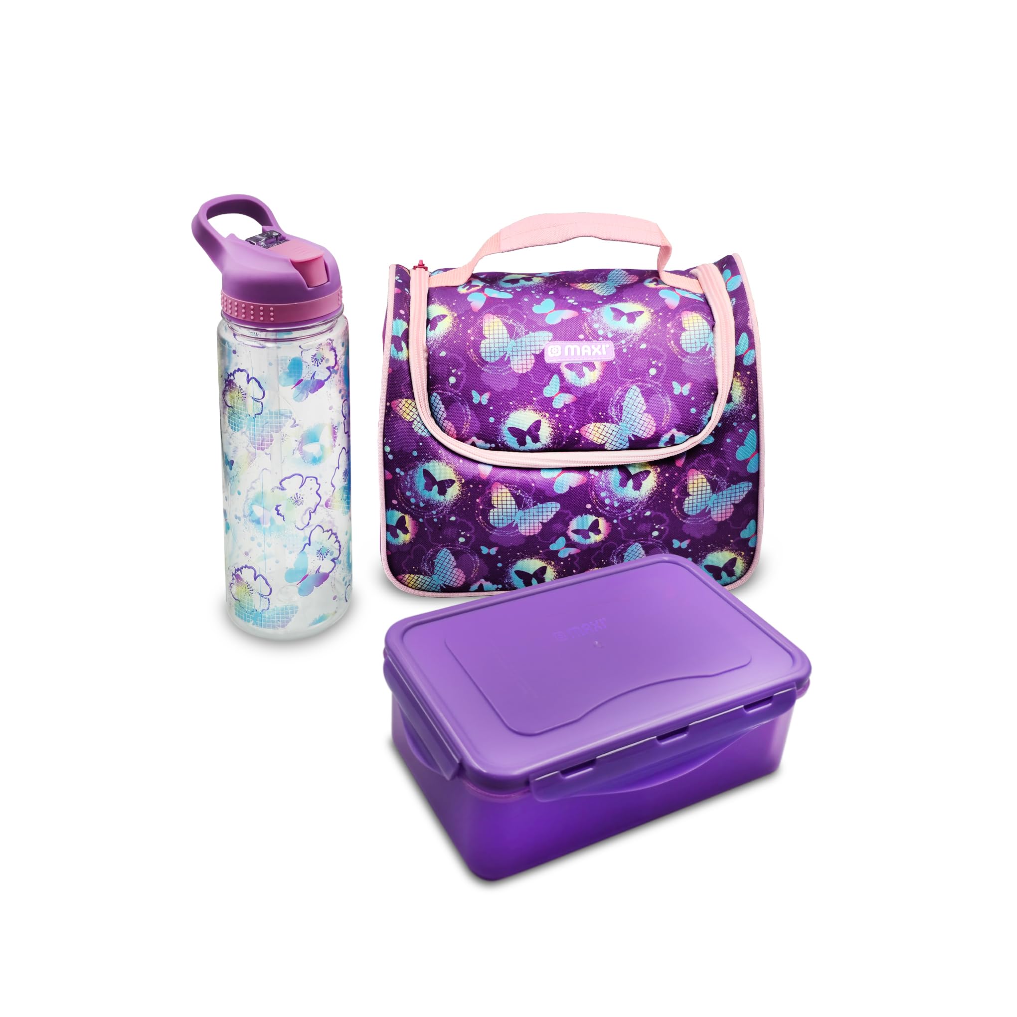 Maxi Insulated Lunch Bag + Reusable Lunch Box + Reusable Water Bottle for School, Office, Picnic Beach, Leakproof for Kids/Adults Purple.