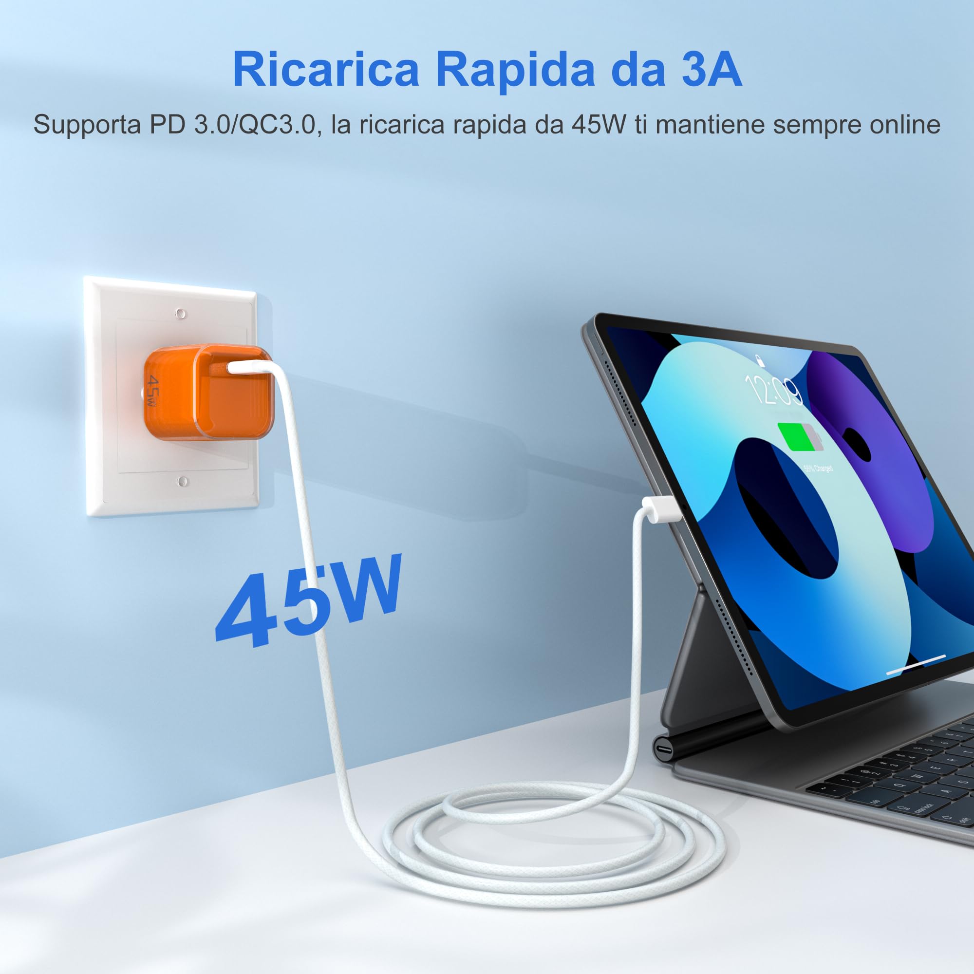 YISH 45W Caricatore USB C Caricabatterie GAN - PD3.0 Alimentatore USB C Rapido Carica Batterie Cellulare per Smartphone Tablet Spina Ricarica Adattatore Tipo C Presa Spinotto con 60W Cavo Type-C 1M