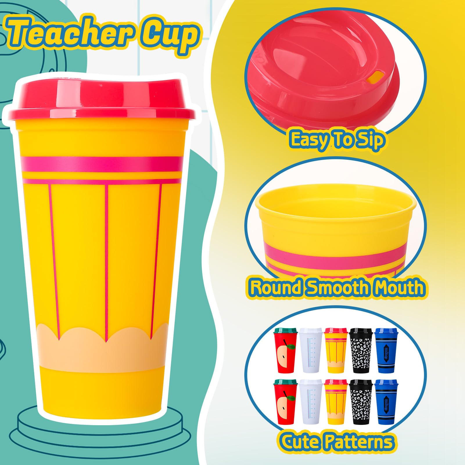 52 Pcs Teacher Appreciation Gifts Bulk 10 Set Thank You Teachers Gifts 16oz Plastic Cups with Lid Makeup Bags Bookmarks Pens Sticky Note Pads for Graduation Teacher’s Day Back to School