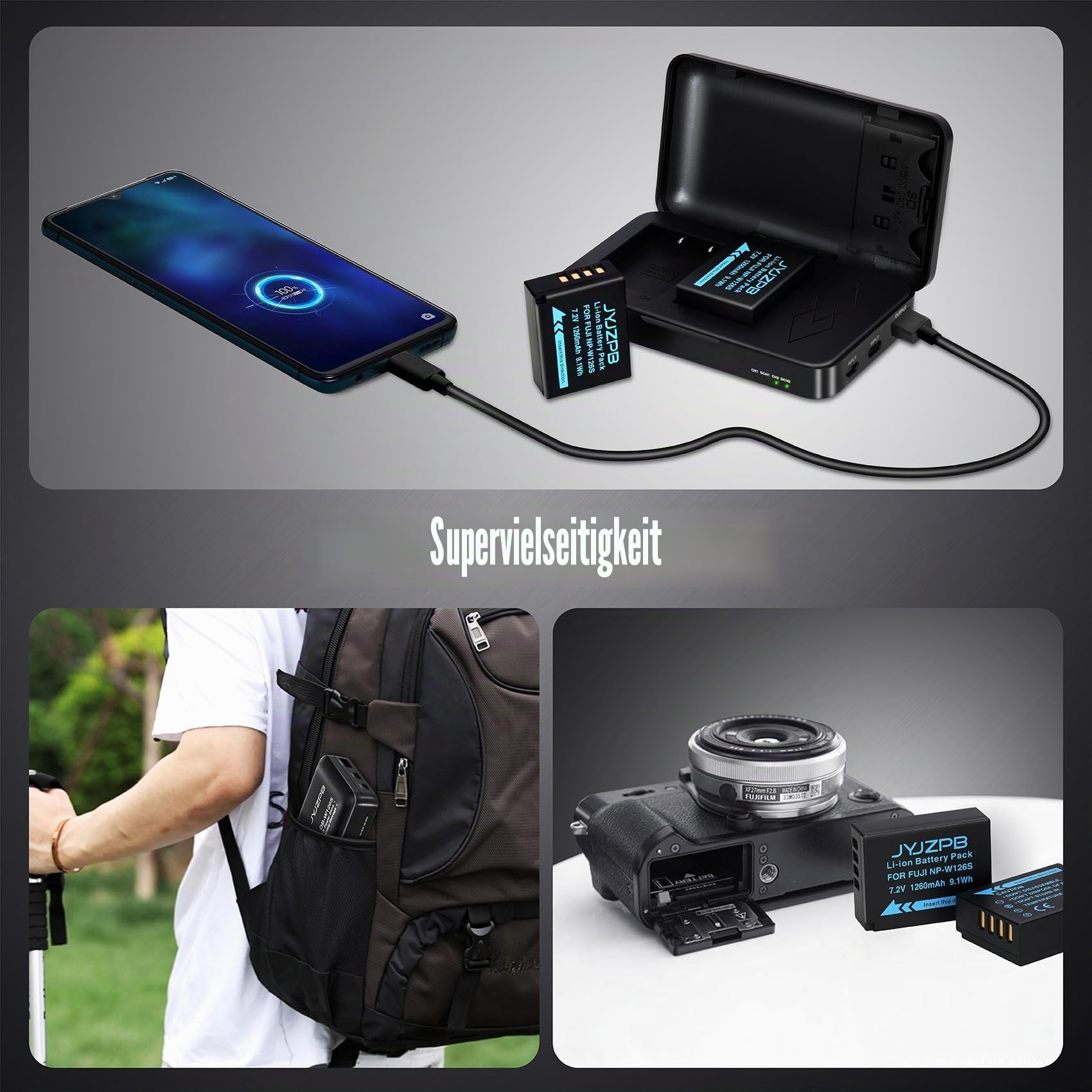 JYJZPB 2 x NP-W126S NP-W126 Ersatz Akku mit Ladegerät für Fujifilm Kamera X100V X100VI X-T50 X-M5 Fuji X-T20 X-T10 X-T30 X-T100 X-T200 X-T3 X-T2 X-T1 X-A5 X-A10 X-A7 Akku Pack