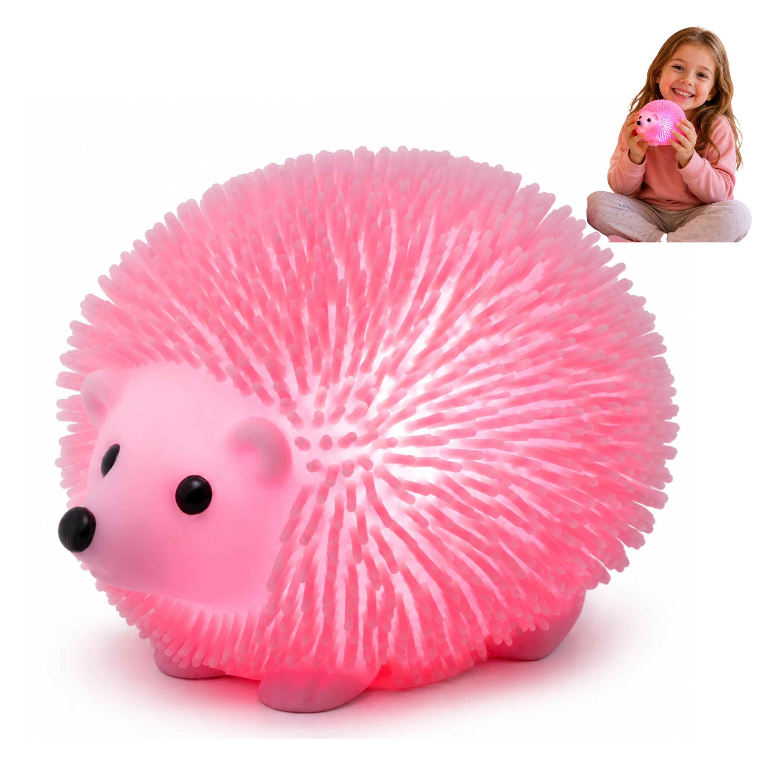 Light Up Pink Hedgehog Fidget Ball, 8cm Soft Spikey Stress Ball for Kids, Stretchy Sensory Puffer Toy, Jiggly Squeeze Ball, Party Bag Filler & Birthday Favour