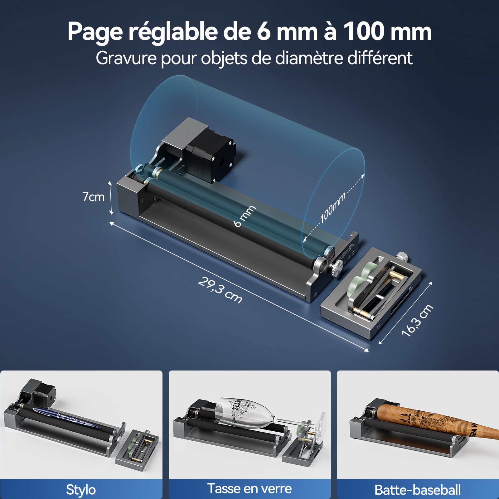 ARot5 Rouleau rotatif à 360° pour gravure d'objets cylindriques, tasses, bouteilles, stylos, réglable de 6 à 100 mm, compatible avec la plupart des machines de découpe et de graveur