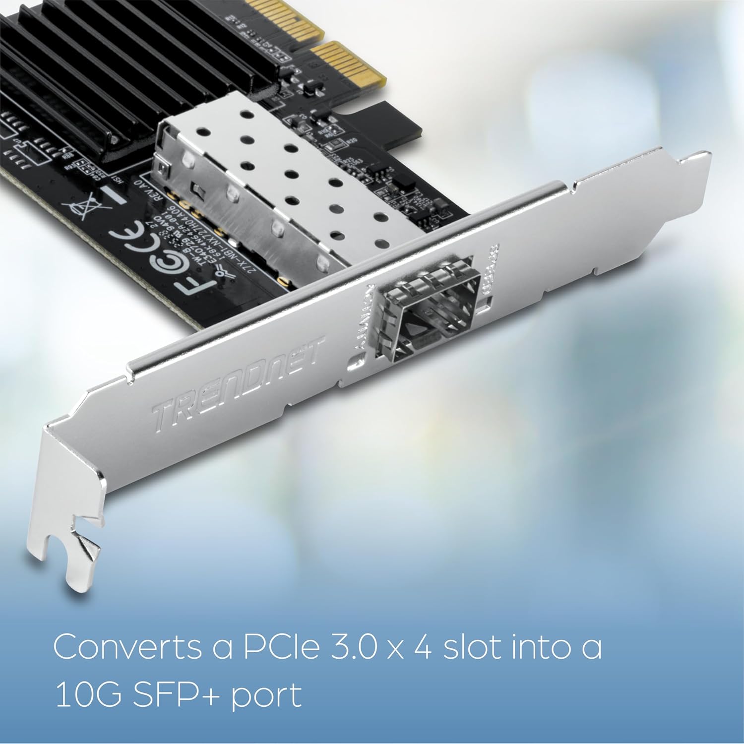 TRENDnet TEG-10GECSFP adapter being installed into a PCIe slot