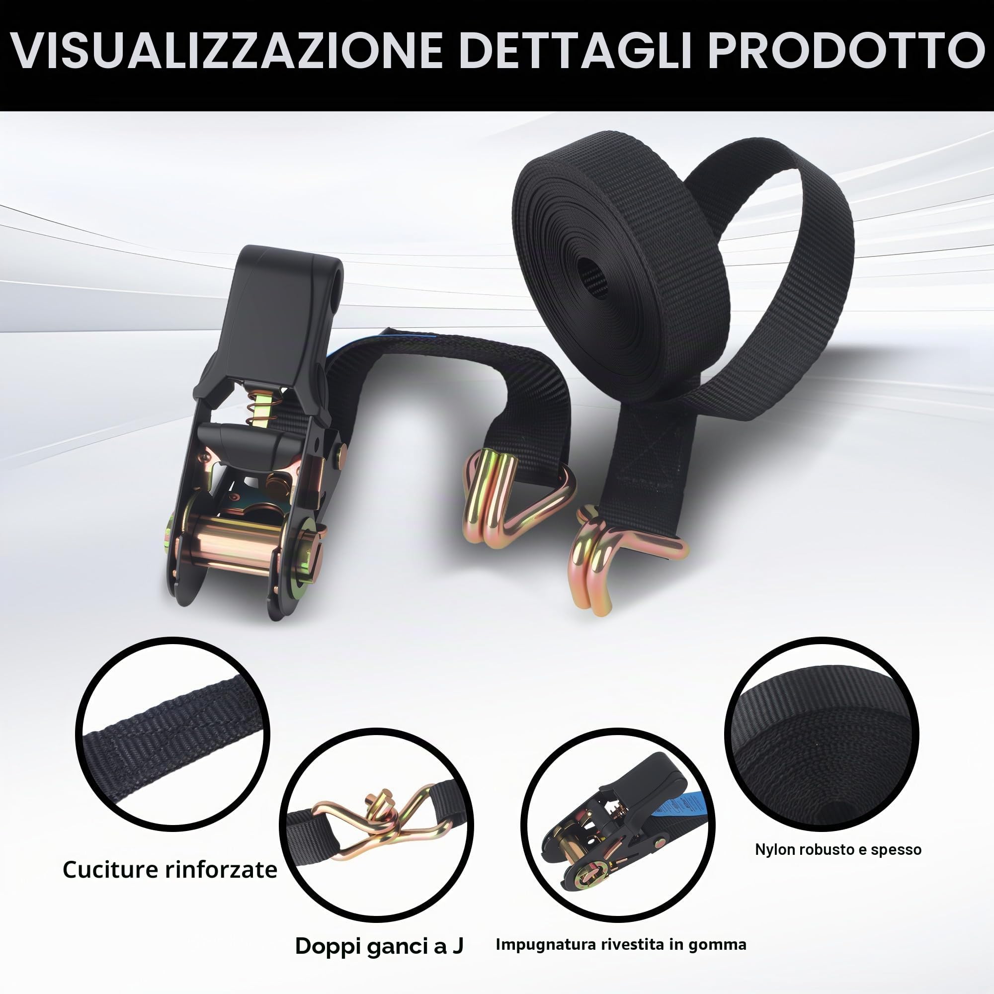 4 Pezzi Cinghia Cricchetto, Cinghie di Fissaggio a Cricchetto, Cinghia di Tensionamento a Cricchetto con Gancio, per Traslochi, Carrelli, Bagagli, Campeggio, Fissaggio di Carichi, 6m x 25mm, Nero