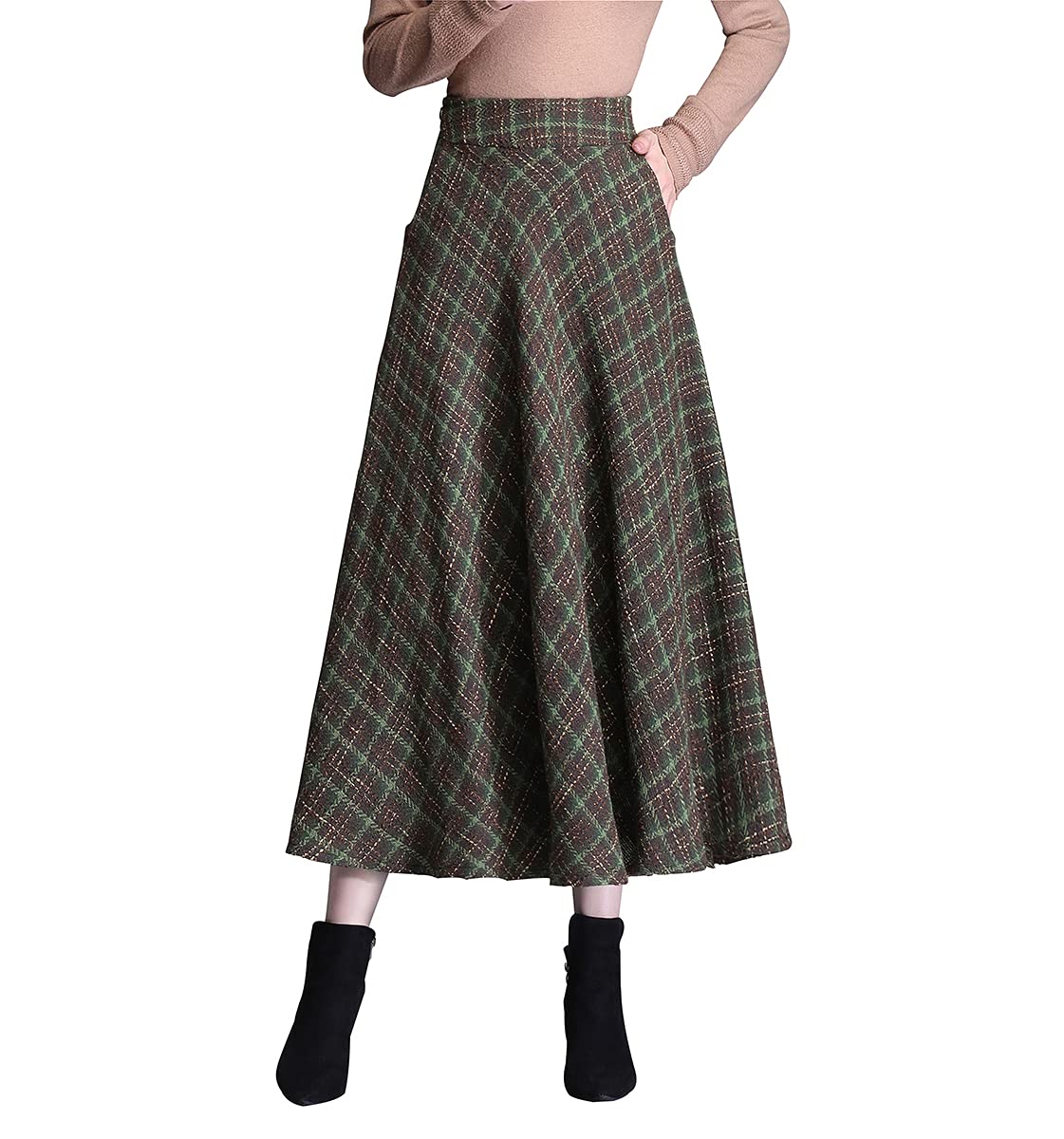 BiilyLi Womens Elegant Wool Long Skirt Plaid Winter Warm Pleated Skirt High Waist Elastic Waist Maxi Vintage Umbrella Skirts