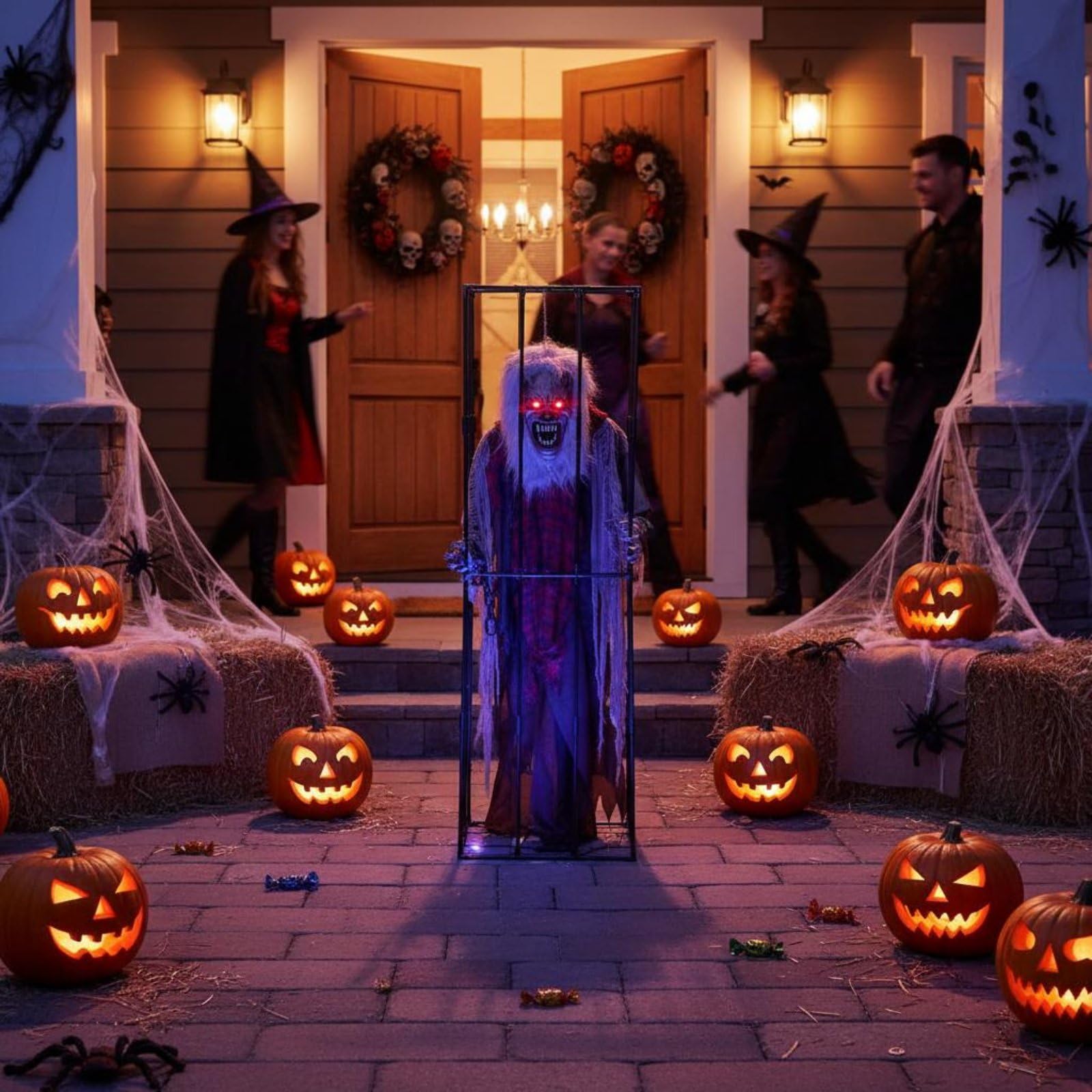 harayaa Halloween Animierte Figur mit Beweglichen Elementen Und Licht Geräuscheffekt Gruselkäfig Monster aus für Gartenparty Halloween-Dekoration Eingang Festveranstaltungen
