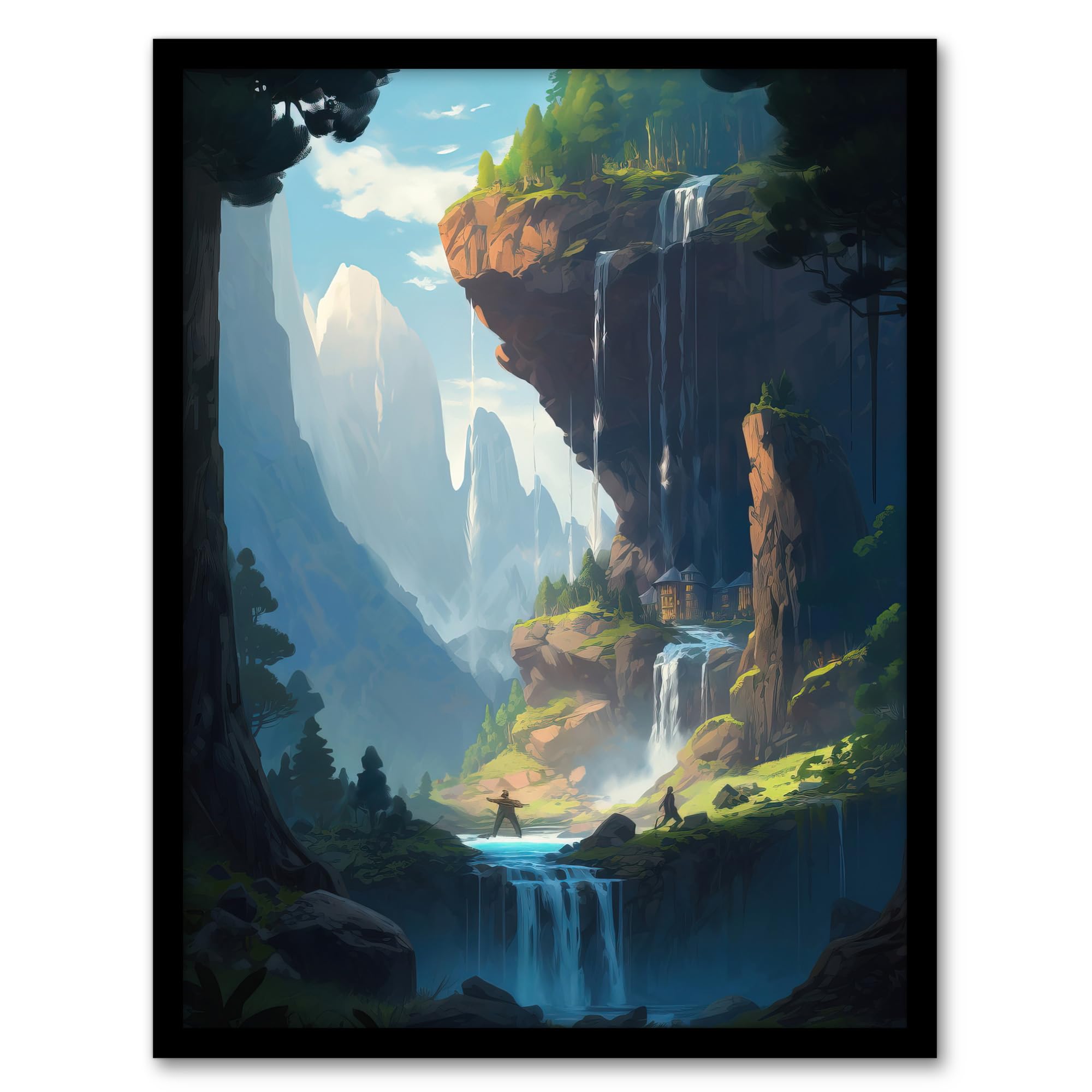 Artery8 Under a Cascading Waterfall Concept Art Painting Blue Green Orange Hidden Kingdom in Dreamy Cliff Landscape Artwork Framed Wall Art Print A4