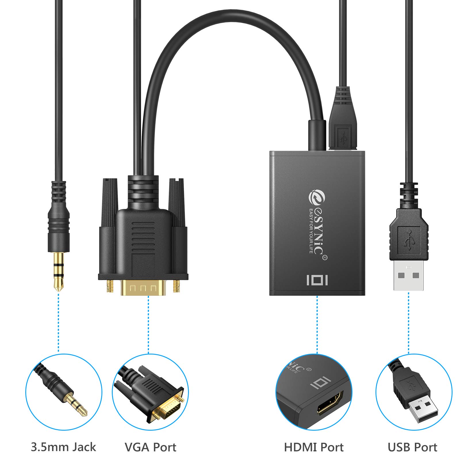 Adaptateur VGA Vers HDMI 1080P + Audio 3,5 Mm + USB – Convertisseur PC/Ordinateur Vers TV