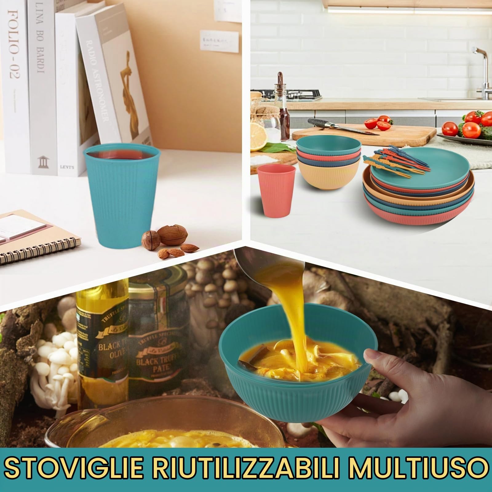 52 pezzi Set stoviglie campeggio – Set piatti plastica rigida lavabili per 4 persone, leggero e pratico per picnic e barbecue