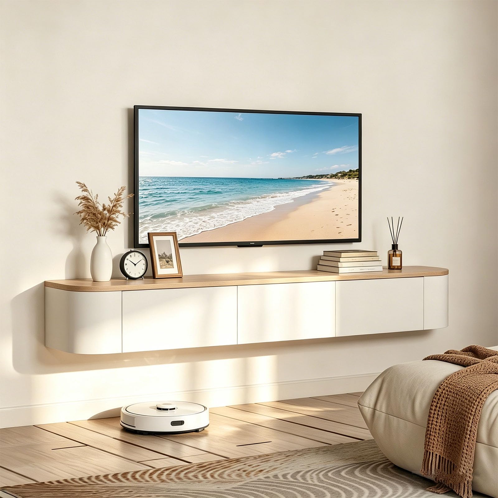 YLGJ&TIDY 160CM/62.9'' Floating TV Unit Wall Mounted, Modern Media Wall TV Unit, TV Console with 2 Drawers & 1 Pull-Out Doors, TV Stands Cabinet for Living Room, Bedroom, White+Oak