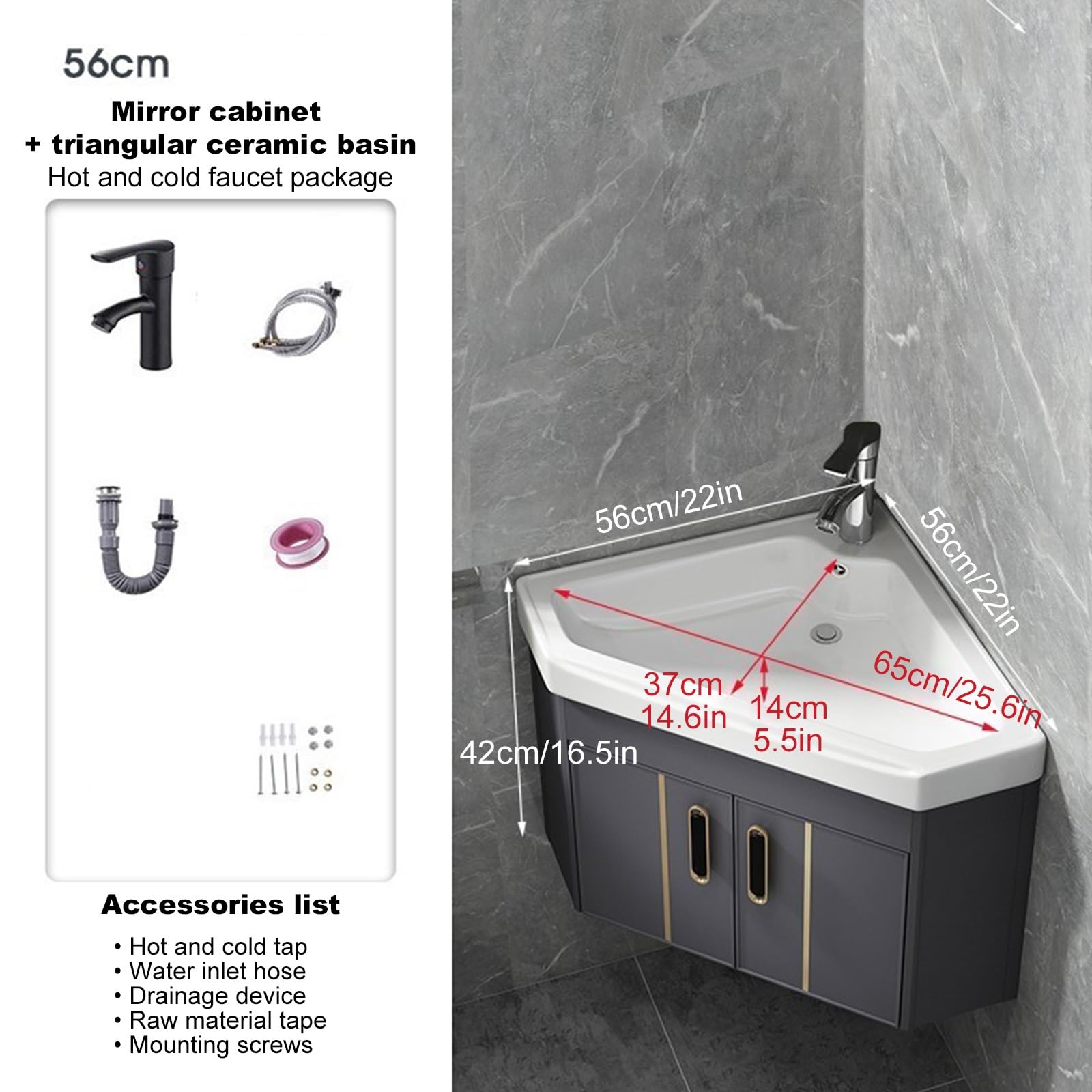 Moderno fregadero pequeño de pared con mueble flotante para tocador, mini lavabo de esquina en 3 colores, incluye grifo plateado, ideal para baños y apartamentos, juego de 1 a 56 cm