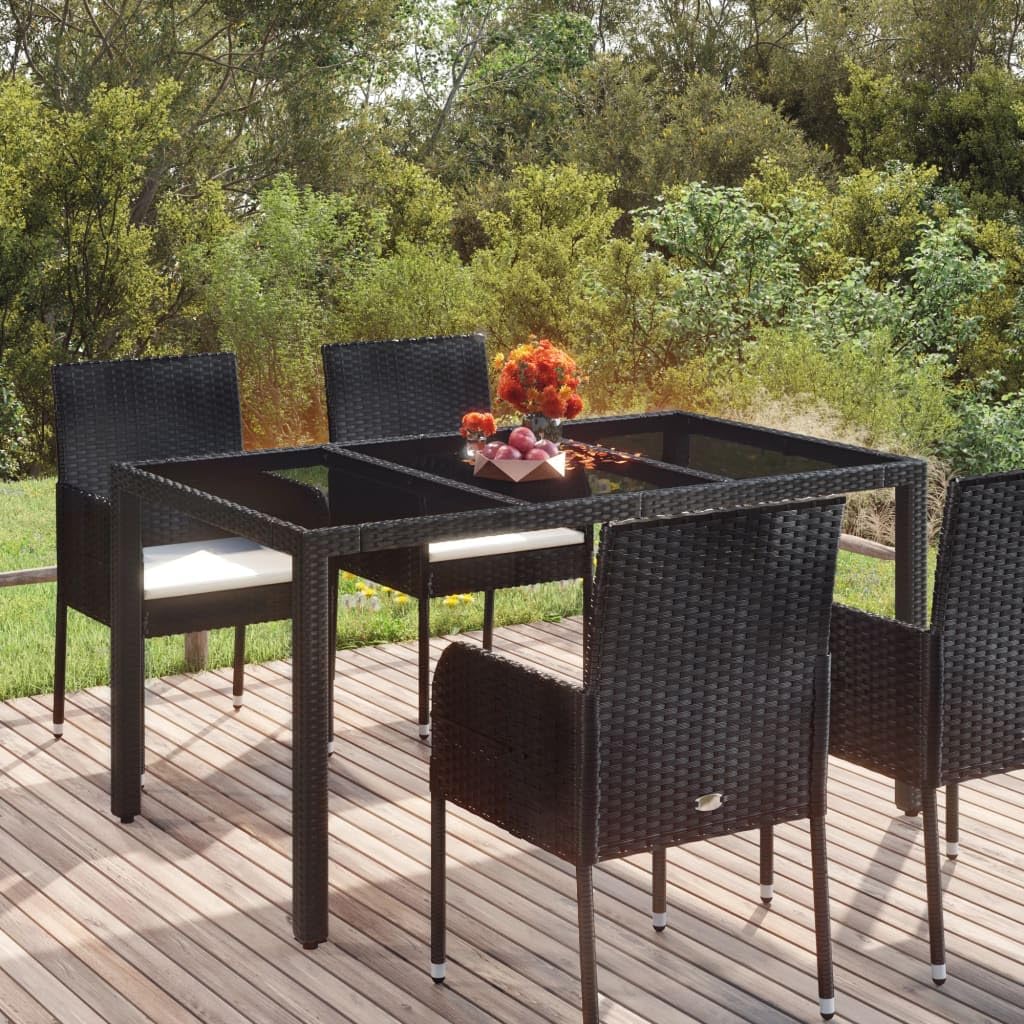 Mesa de jardín de ratán de polirratán, color negro, 150 x 90 x 75 cm, con placa de cristal duro, marco de acero pulverizado, diseño impermeable para terraza y jardín, fácil montaje