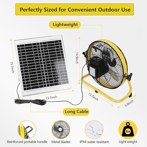 Miniatura 5 de Ventilador solar de 12 pulgadas, ventilador portátil alimentado por energía solar, ventilador de piso recargable con batería grande de 15000 mAh,
