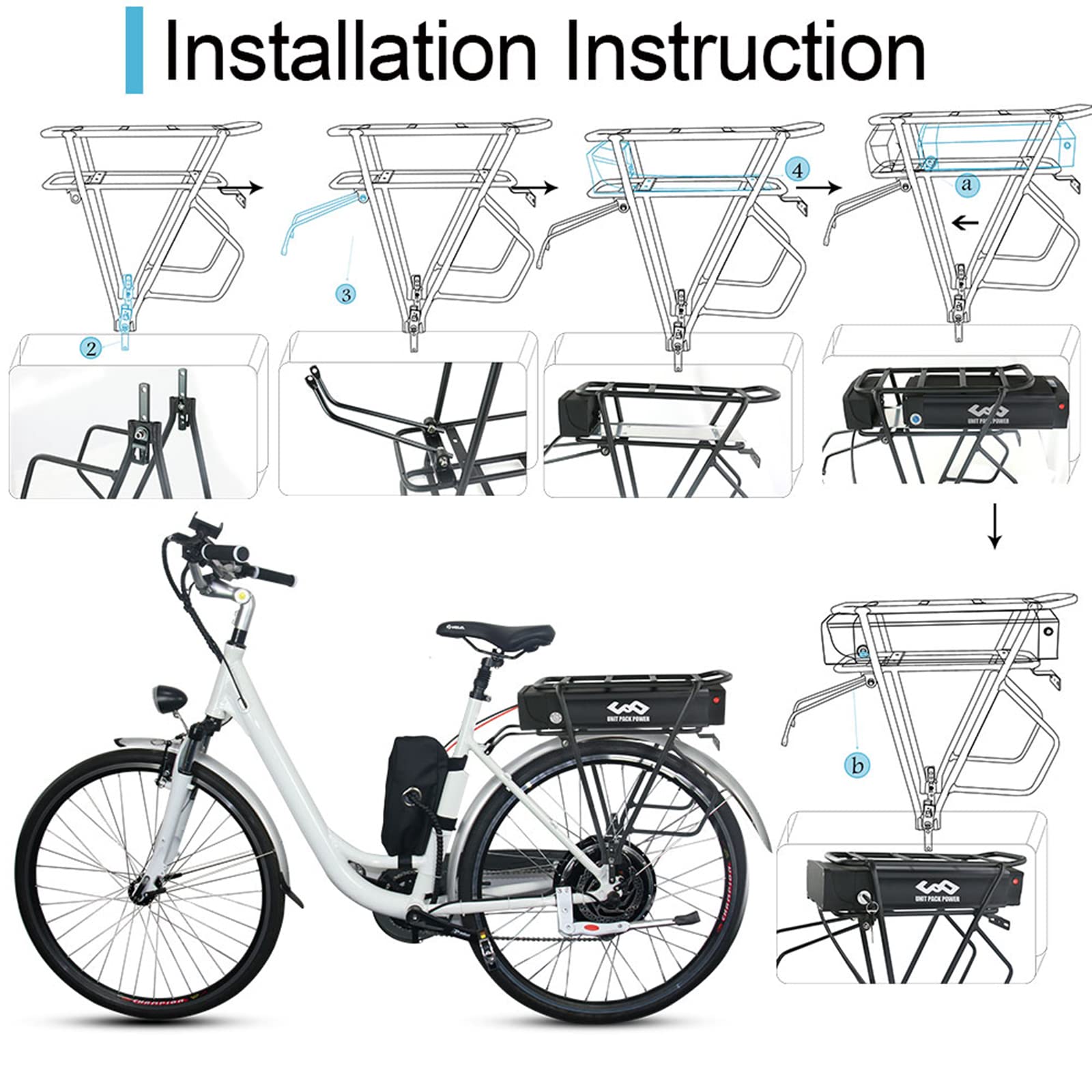 Pedelec Battery 36 V 48 V 52 V E-Bike Battery 250 W/350 W/500 W /750W/1000W /1800W Pannier Rack Ebike Battery with Pannier Rack for 24/26/28 Inch V-Brake Rear Wheel Bike Mifa, Aldi, Prophete, Rex