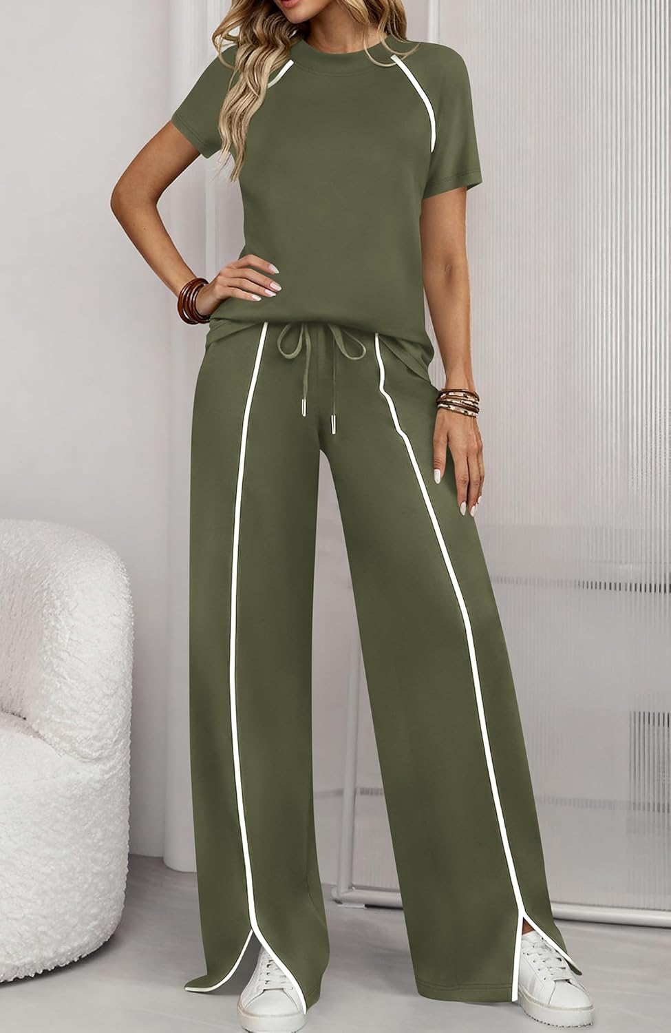 BTFBM Casual Two Piece Sets For Women Summer Outfits Solid Matching Sweatsuit Lounge Set Wide Leg Pants Workout - Image 5