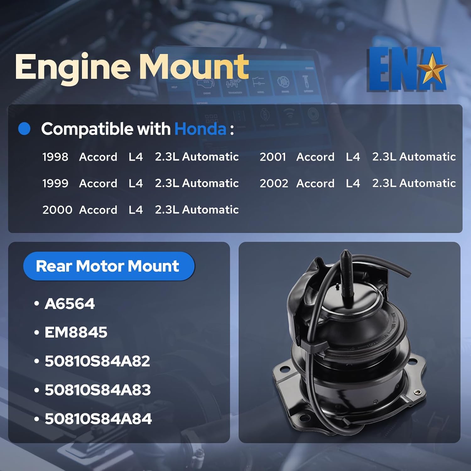 ENA Set of 1 Rear Engine Motor Mount Compatible with Honda Accord 1998 1999 2000 2001 2002 2.3L Automatic Transmission Replacement for A6564 50810S84A84 EM8845