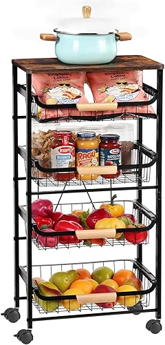 Miniatura 2 de Carrito de almacenamiento de cocina con ruedas, carrito de metal de 4 niveles, cesta de malla con mesa de madera para almacenamiento de frutas,
