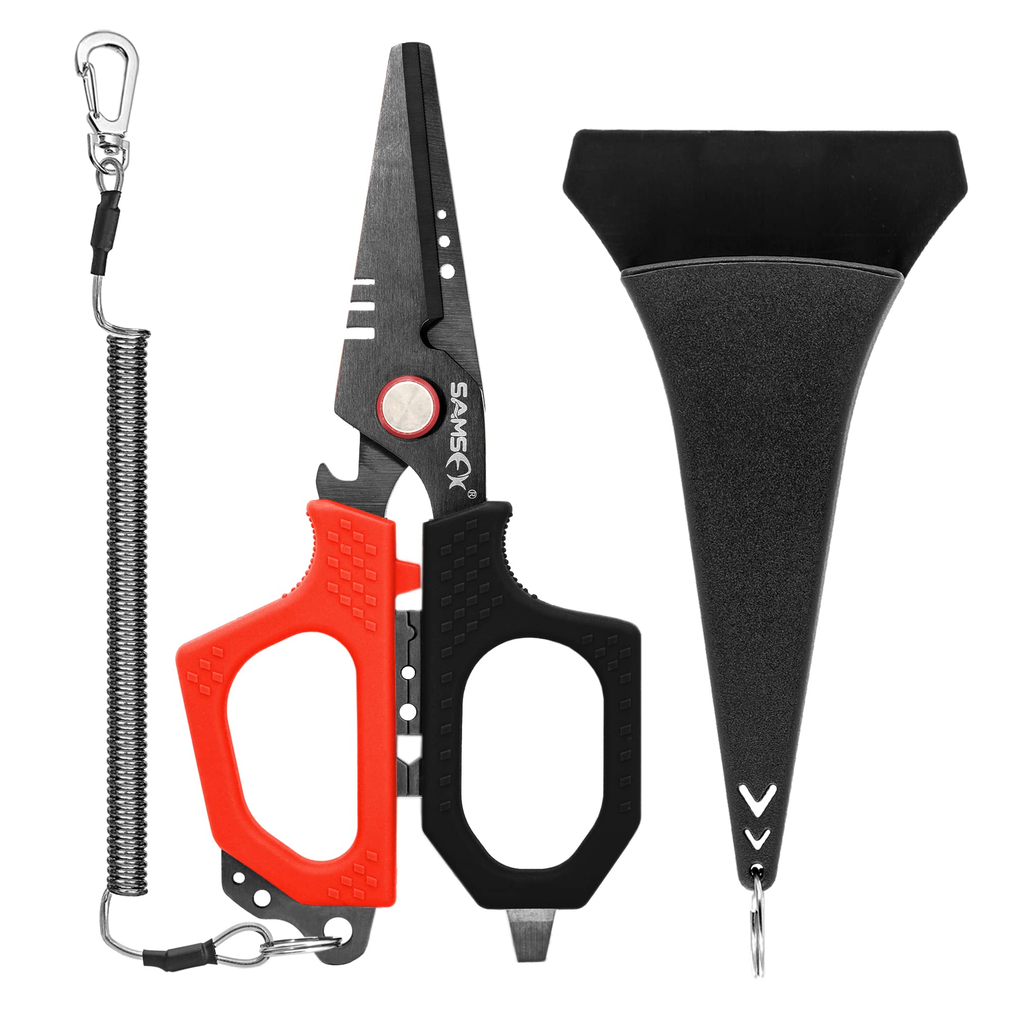 SAMSFX Fishing Braid Line Scissors Shears with Antirust Coating and Dual-Serrated Blade, Kraton Handle, Come with Hard Sheath and Coiled Lanyard (Red & Black Handle, Hard Sheath)