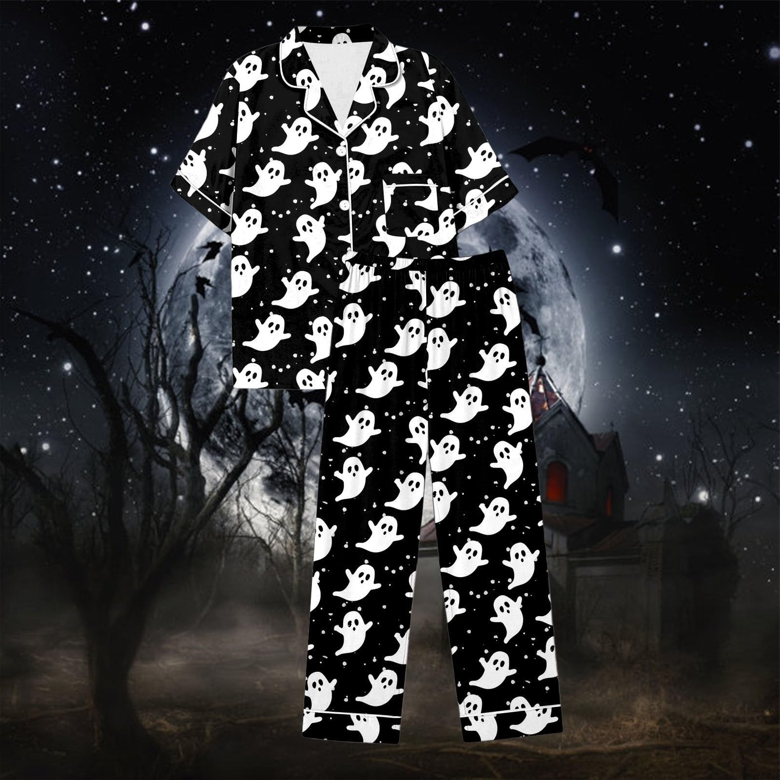 Genérico Conjuntos Pijama Mujer Halloween Top Manga Corta Abotonado Pantalones Cortos Satén Seda Noches Acogedoras Otoño Invierno
