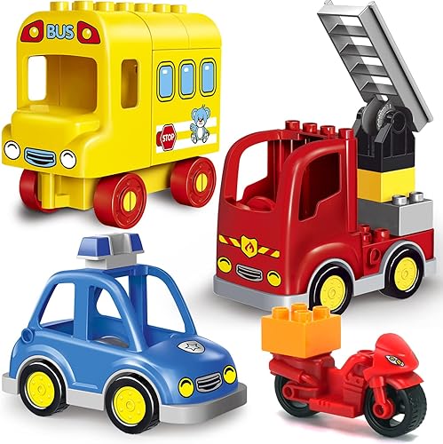 Liberty Imports Paquete de 4 unidades de transporte de vehículos urbanos grandes bloques de construcción compatibles con las principales marcas,