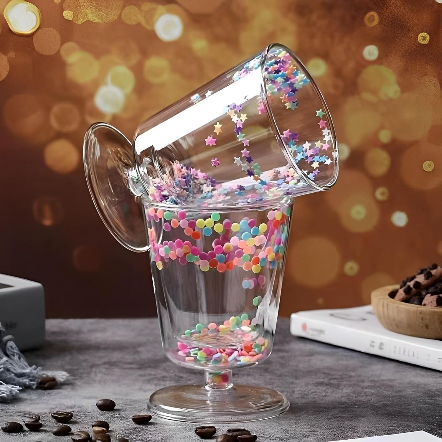 buniq Cute Girl Goblet Colorful Round Star Vlog Gift Milk Tea Cup Quicksand Double Glass Water Cup