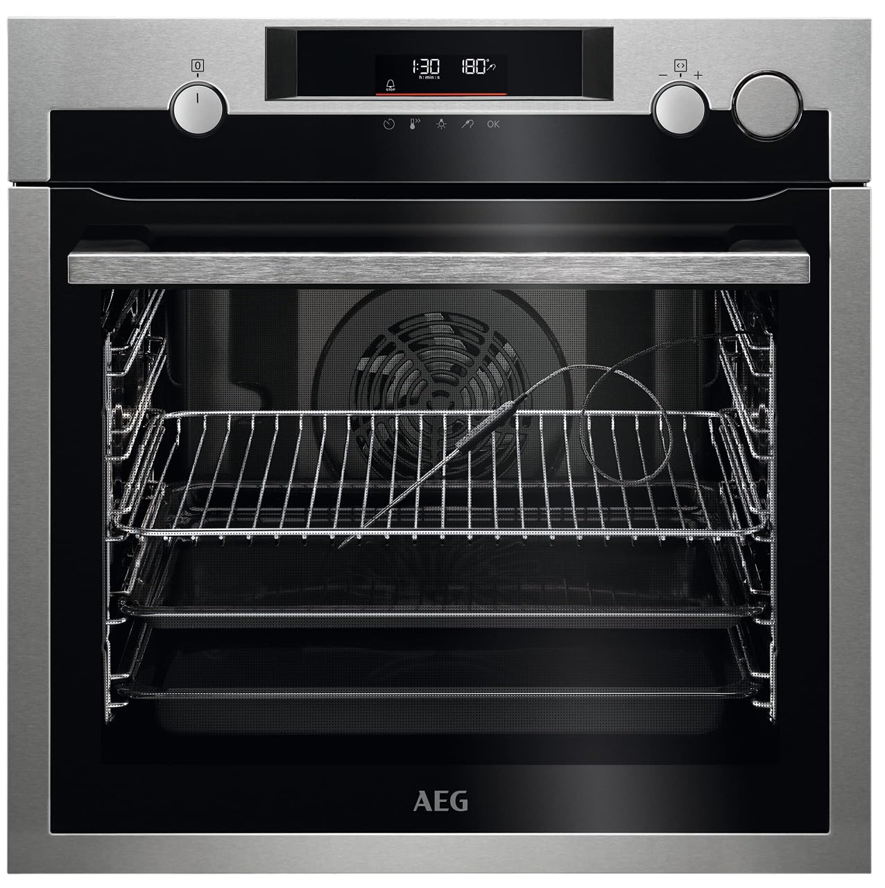 AEG BPE577161M Horno Eléctrico Multifunción, 72 L, Limpieza Pirolítico, Integrable, Sonda Térmica, Función a Vapor, Display LCD Táctil, Ventilador XXL, Inox Antihuellas, Clase A+, Fabricado en DE