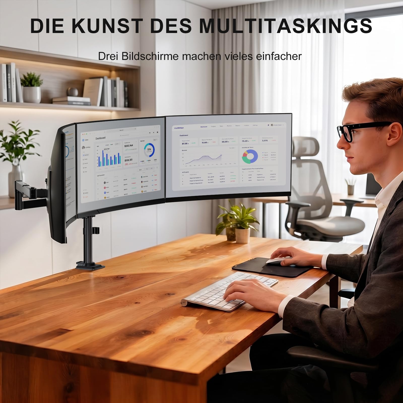 WALI Monitor Halterung 3 Monitore für bis 27 Zoll Bildschirm,Voll Verstellbare Triple Monitor Halterung, Monitorhalterung 3 Monitore 7 kg pro Arm,VESA 75/100 (M003S), Schwarz