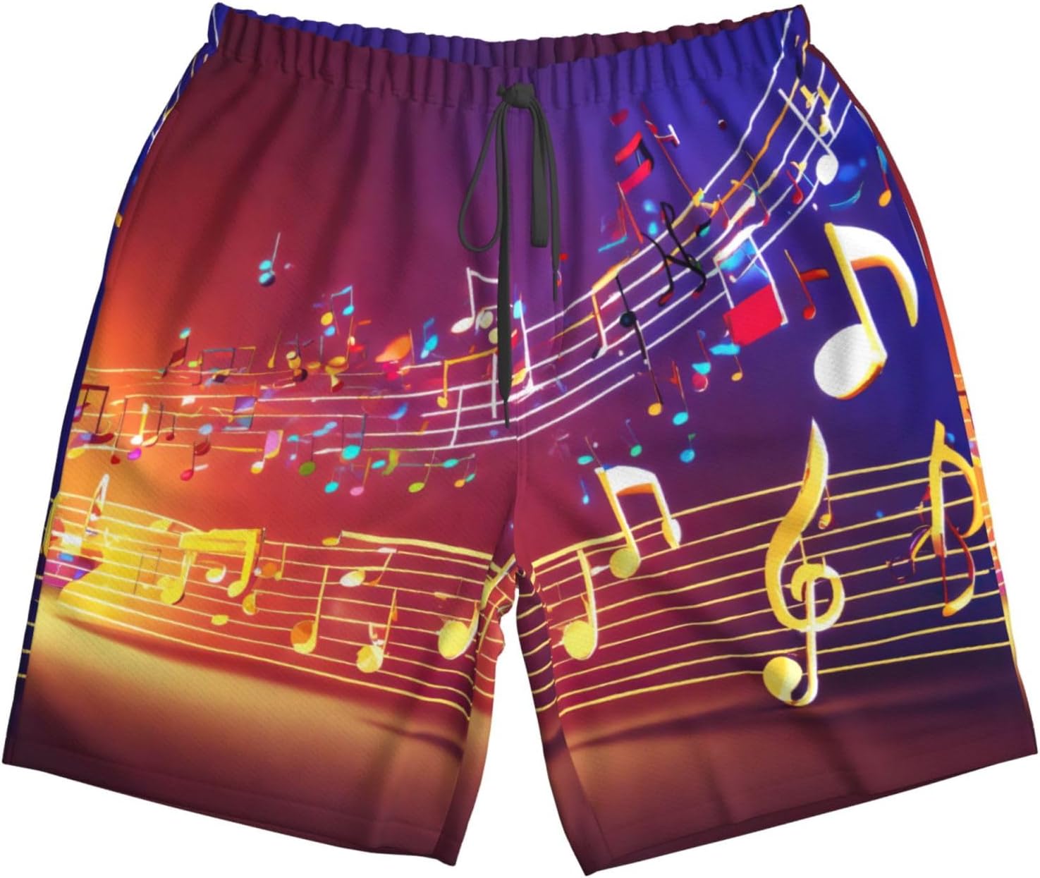 Colorful Music Notes Print Men's Hawaiian Beach Shorts Elastic Novelty Summer Casual Shorts with Pocket