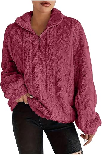 Fleece Quarter Zip Pullover Women Cable Knit Cozy Fuzzy Sherpa Sweater Oversized Long Sleeve Soft Half Zip Sweatshirt
