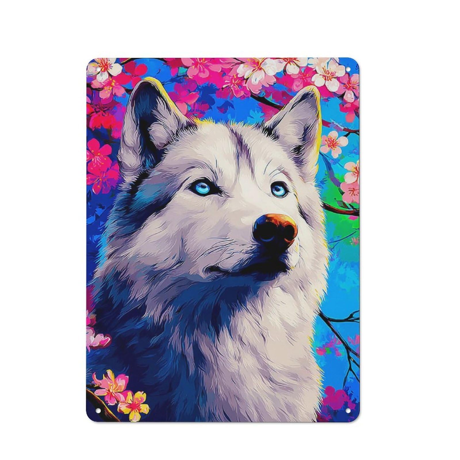 Junmoney Colorful Wolf With Blossoms Loft Style Metal Wall Decor 40X30cm, Decorative Metal Plaque For Loft, Studio, Office Or Creative Room
