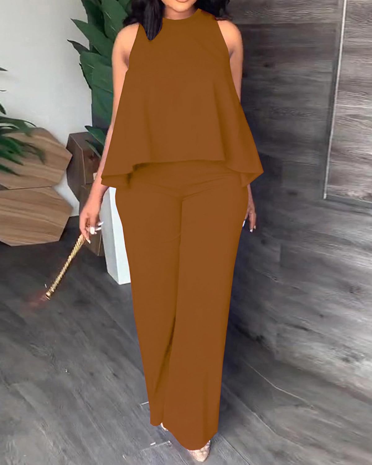 BXBY Two Piece Sets for Women Summer Pleated Ruffle Hem Sleeveless Top Wide Leg Pant Outfits Casual Vacation 2025 Tracksuit