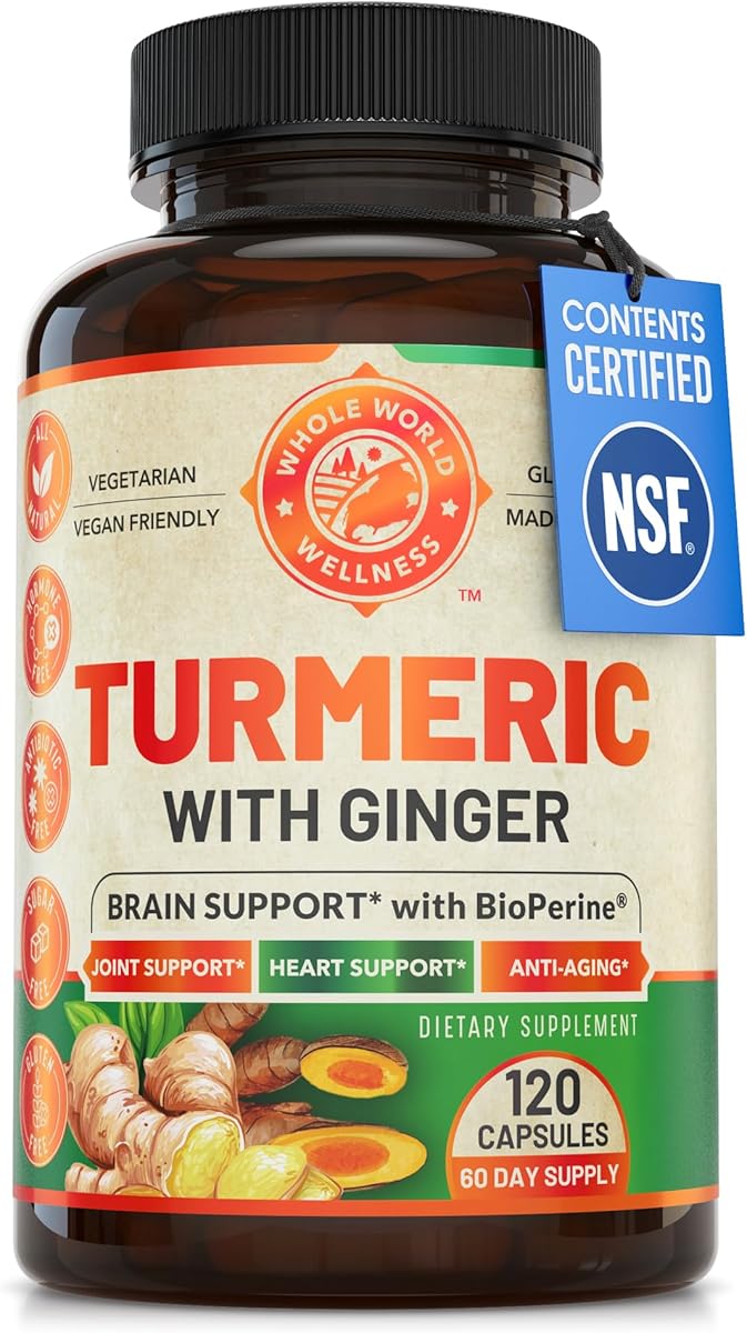 WHOLE WORLD WELLNESS Organic Turmeric Curcumin with Organic Ginger & Black Pepper, 2 Month Supply. Supports Heart, Brain & Joint Health. Max Absorption Turmeric Supplement. NSF Certified, Made in USA.
