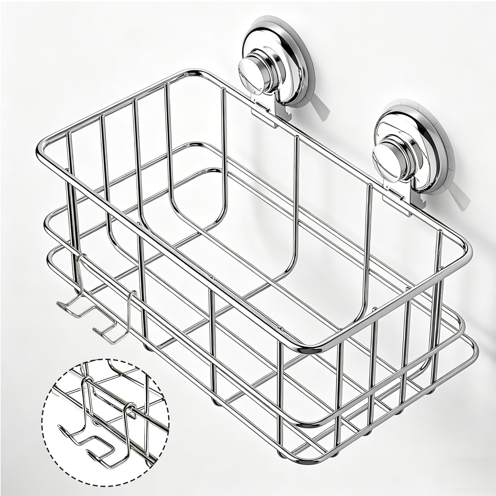 Poywaze Suction Cup Shower Caddy, Bathroom Organiser with Hooks, Stainless Steel Basket, Silver Tray, No Drilling Shelf for Kitchen Storage W27xD16xH19cm