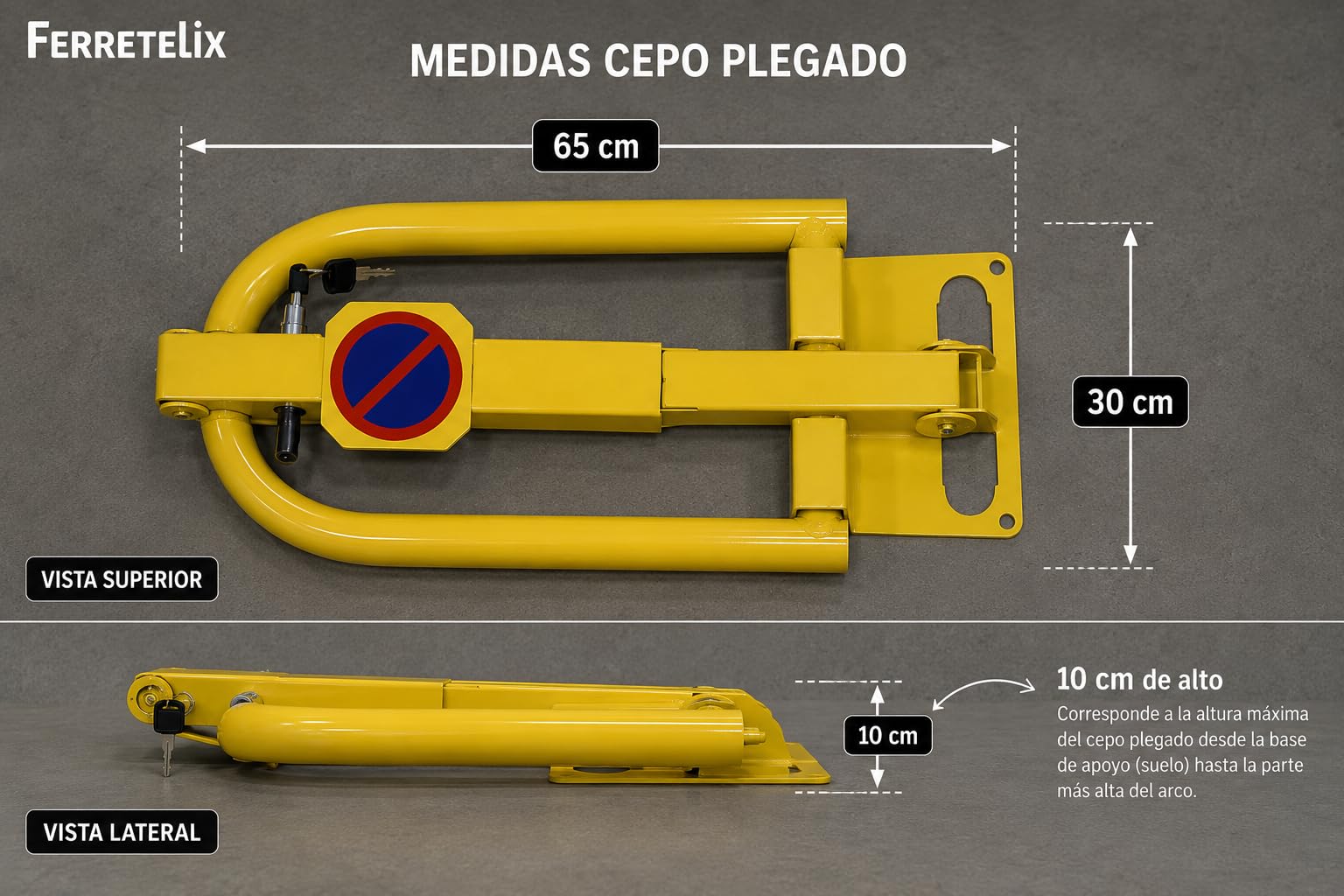 Ferretelix® Barrera de Parking Abatible con Cerradura – Cepo Parking Amarillo para Plaza de Garaje Privada – Valla de Aparcamiento Antirrobo con Llave – 50 cm x 30 cm x 23 cm