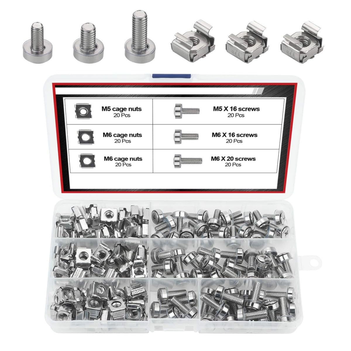 (60-Pair) Server Rack Cage Nuts and Screws M5 X16mm M6 X16mm/m6 X20mm Assortment Kit with M5 and M6 Nuts for Server Cabinet Mounting
