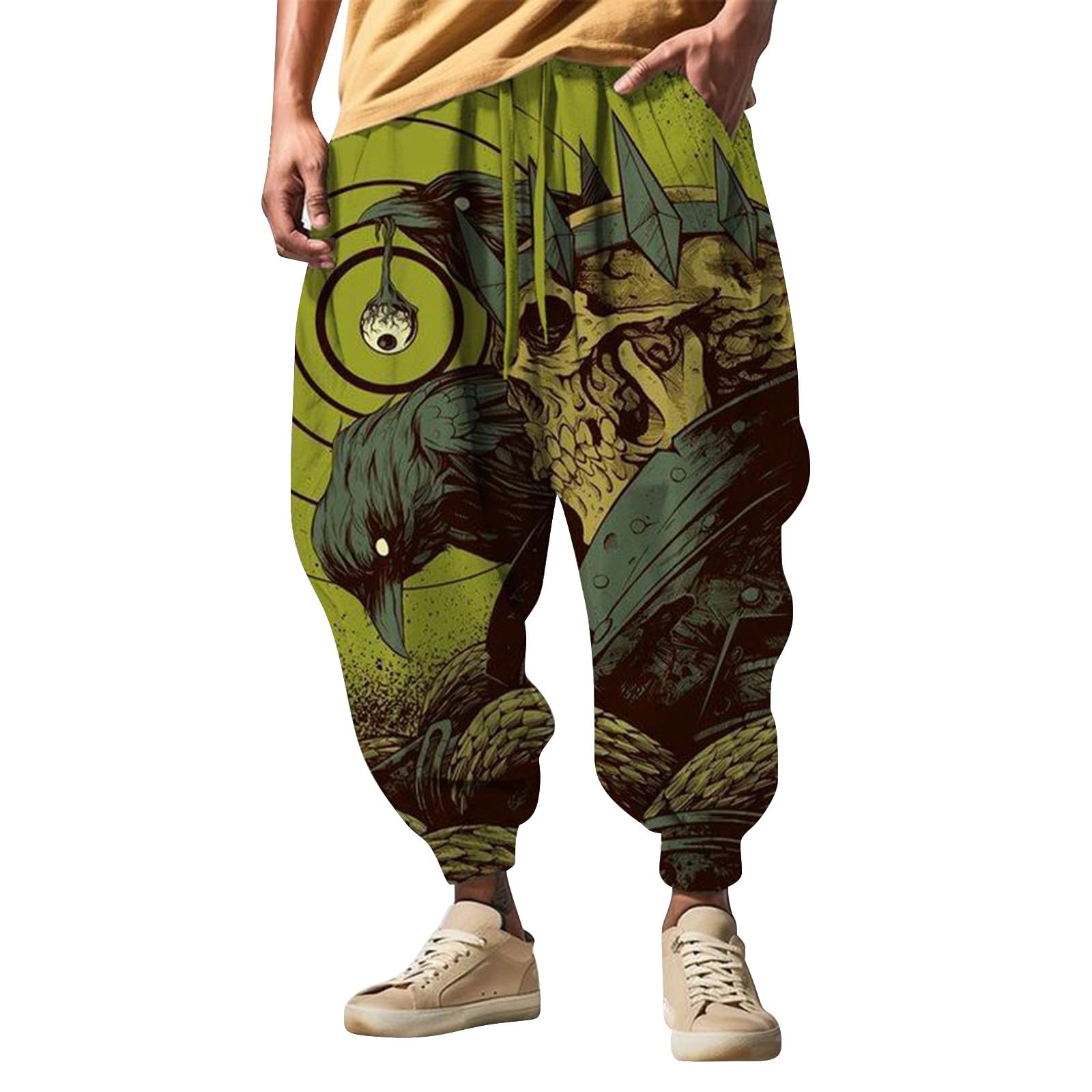 BUKKNYE 3D Printed Fashion Hippie Pants Mens Elastic Waist Wide Leg Low Crotch Classic Harem Trousers Baggy Loose Boho Gypsy Aladdin Casual Bottoms with Pockets