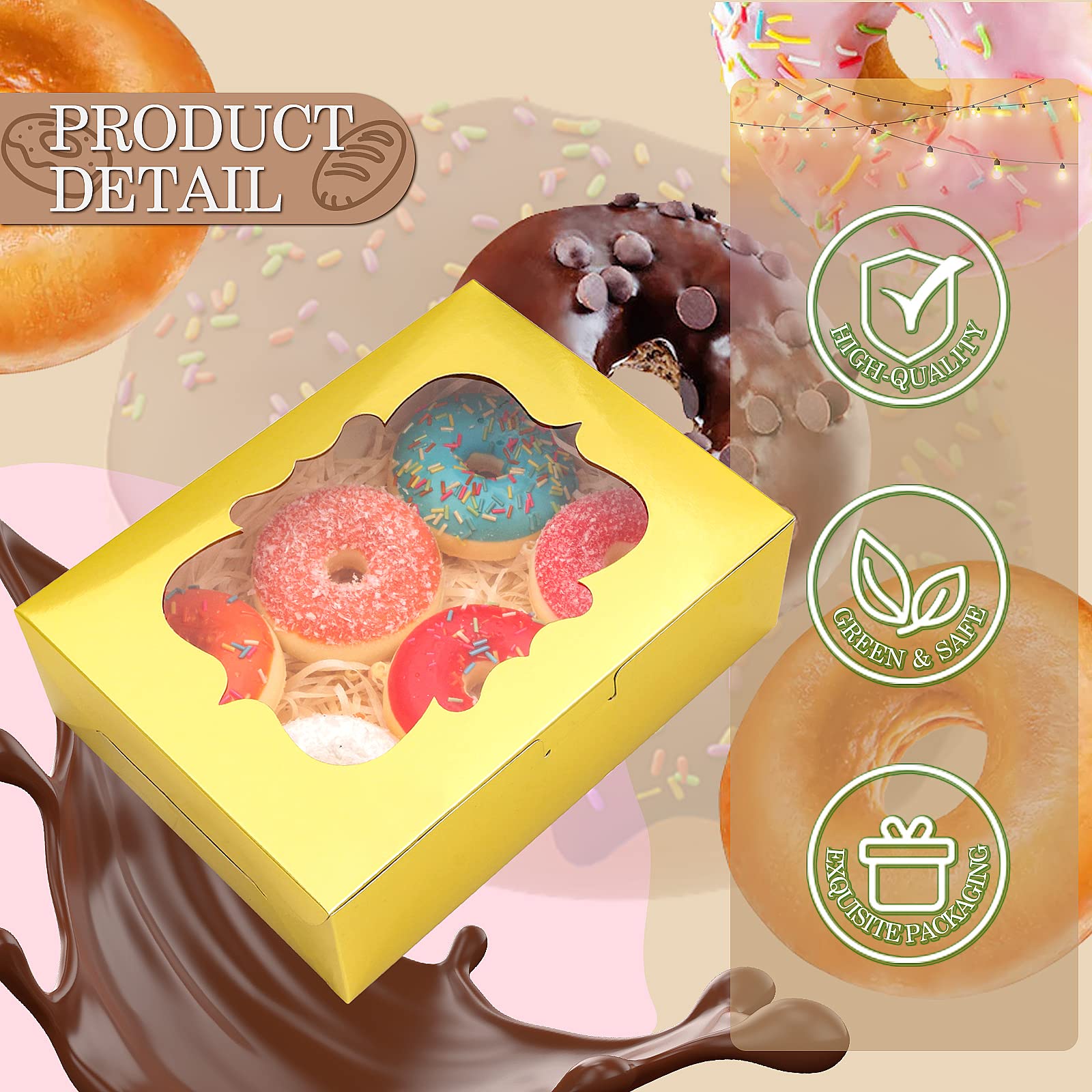 KPOSIYA 65 cajas de galletas de 8 x 6 x 2.5 pulgadas con ventana, cajas de panadería doradas para regalo, golosinas, postres, cupcakes, chocolate, fresas, donas, magdalenas (5 ventanas de estilo)