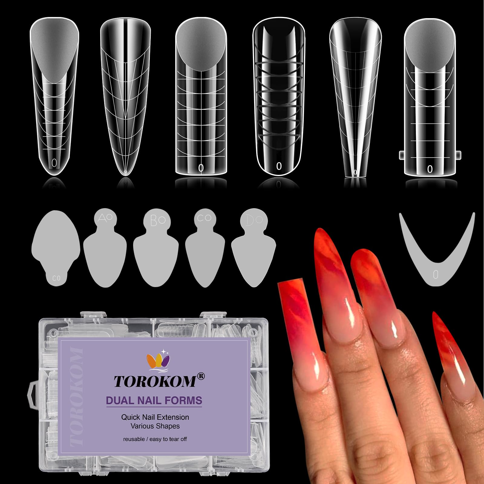 TOROKOM Poly Nail Extension Forms Set, 364 Pcs Dual Forms for French Nails, 6 Styles Dual Forms and Reusable Silicone Pads for Poly Gel Nail Extension