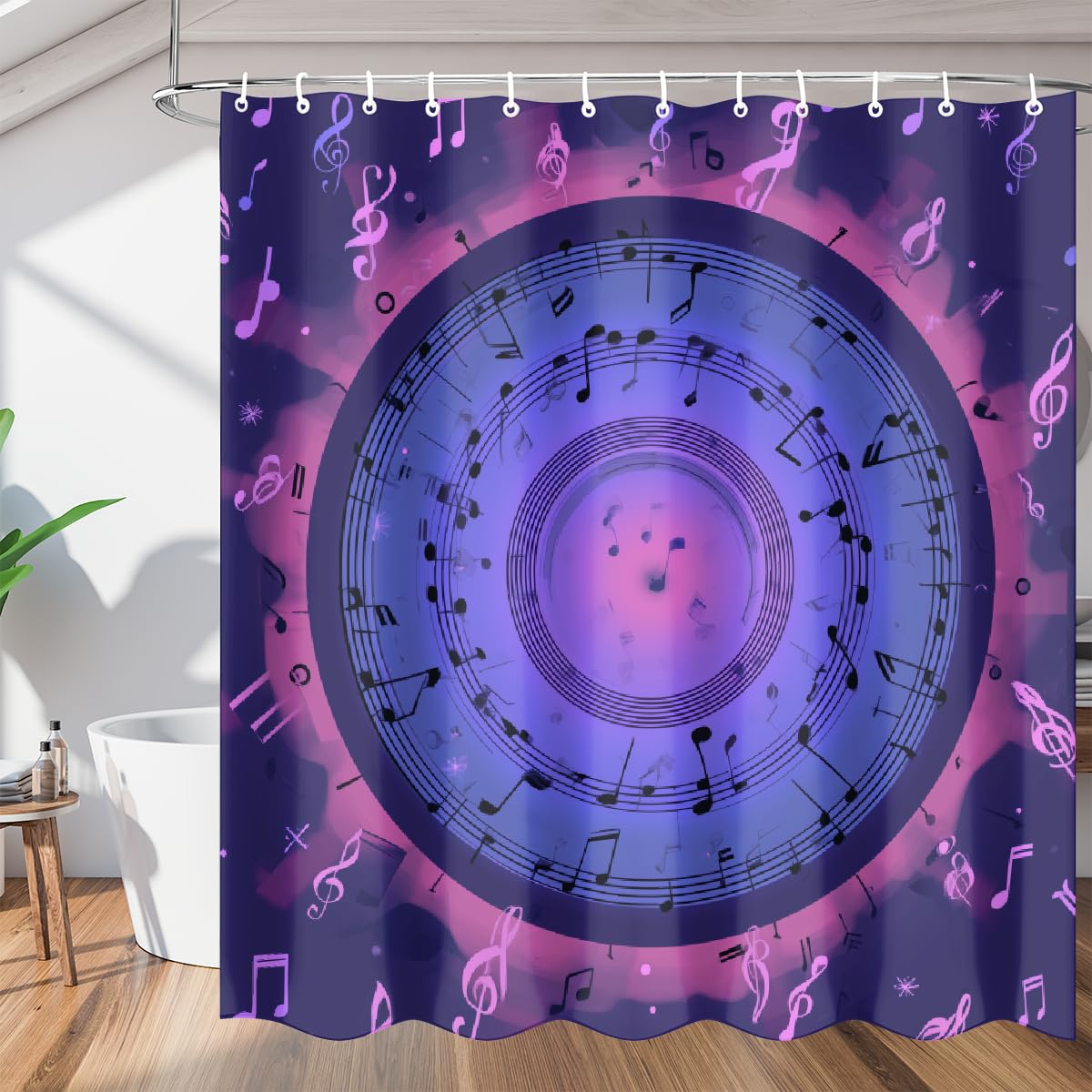 Rideau de douche imperméable en polyester bleu et violet motif notes de musique 183x183 cm