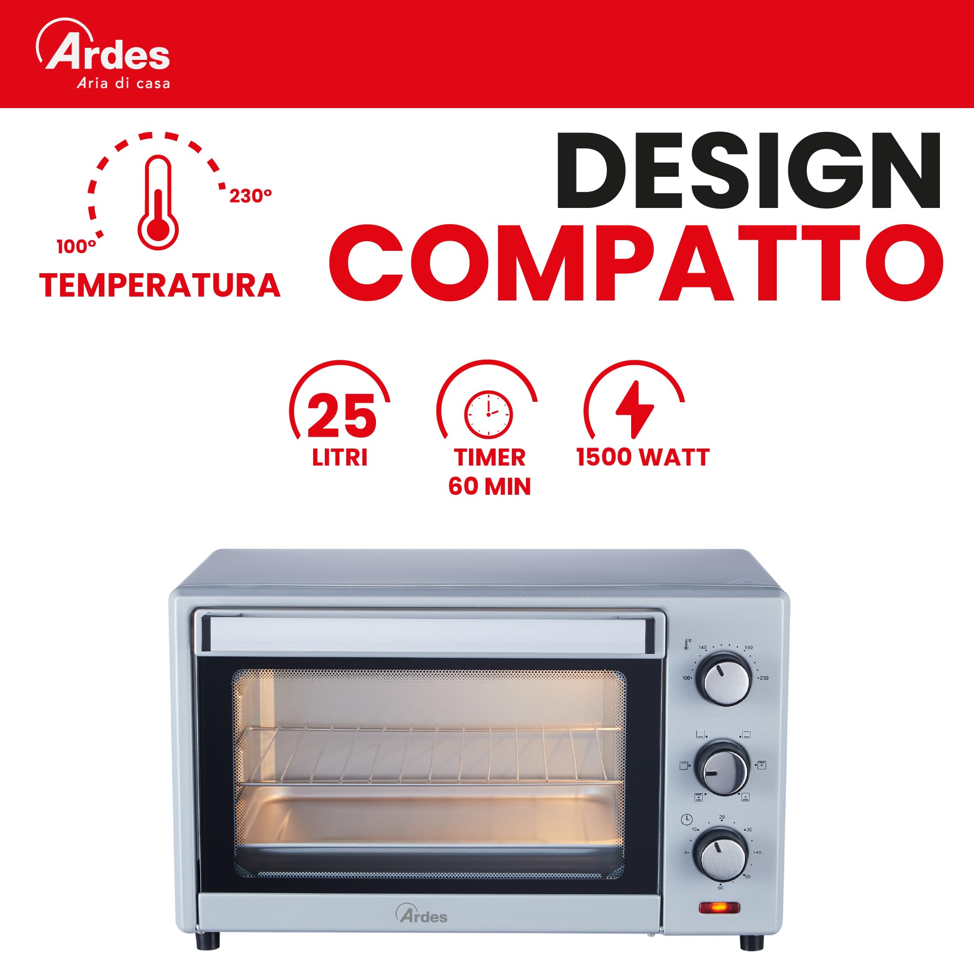 ARDES - AR6225S Four électrique ventilé Capacité de 25 litres avec lumière interne 6 fonctions Cuisson Minuterie Double vitrage avec accessoires Magnus, Argent