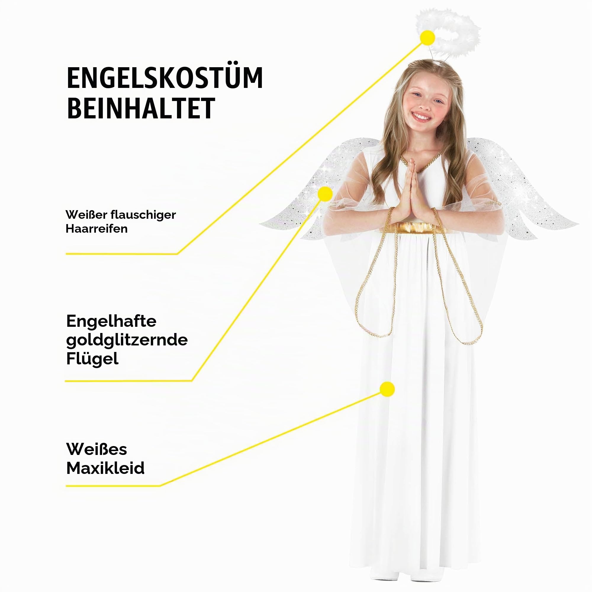 Morph Engel Kostüm Kinder, Himmlisches Halloween Kostüm Kinder | Kleid, Flügel & Heiligenschein, Weiß-goldenes Design, Zum Überziehen, Perfekt für Halloween, Ideal für Rollenspiele