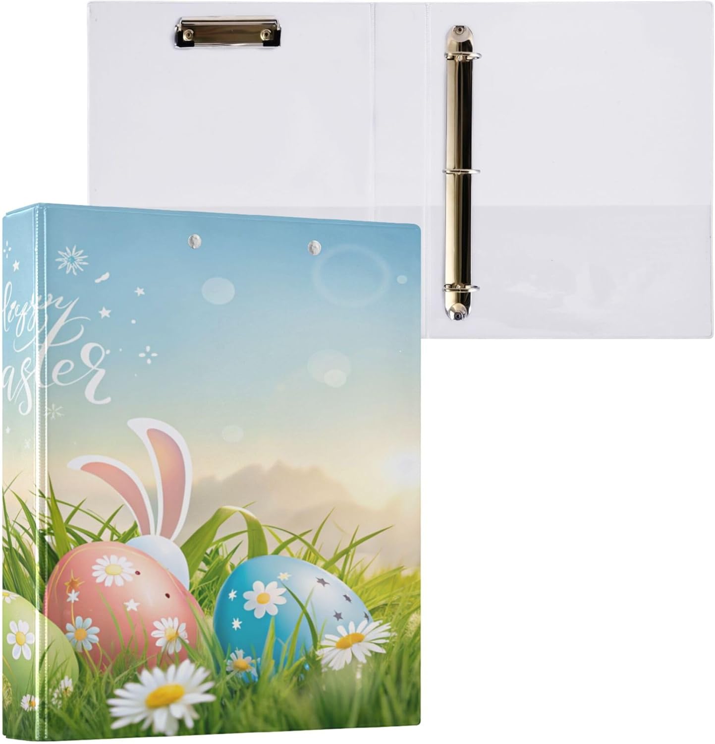 Happy Easter Eggs 3 Ring Binders, 1.5” Round Ring Binders with Clipboard - Letter Size, 3 Interior PVC Clear Pockets & Anti-Slip Clip for Office School Supplies, 2PCS