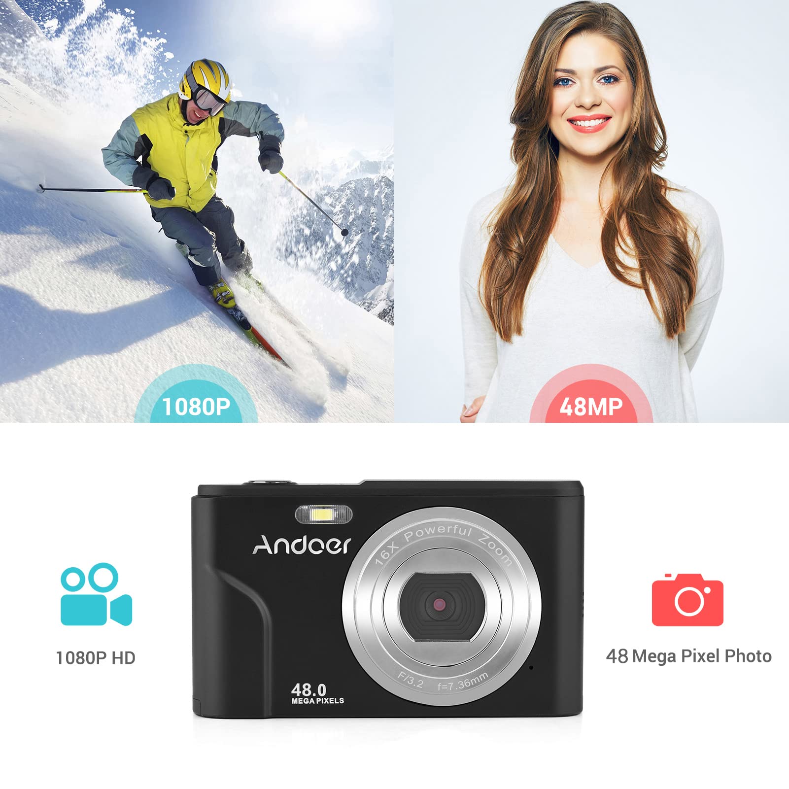 Andoer Aparat cyfrowy 48 MP 1080p 2,4-calowy ekran IPS 16-krotny zoom autofokus samowyzwalacz 128 GB rozszerzona pamięć, rozpoznawanie twarzy, funkcja anti-shaking z 2 bateriami, pasek na rękę, torba do przenoszenia