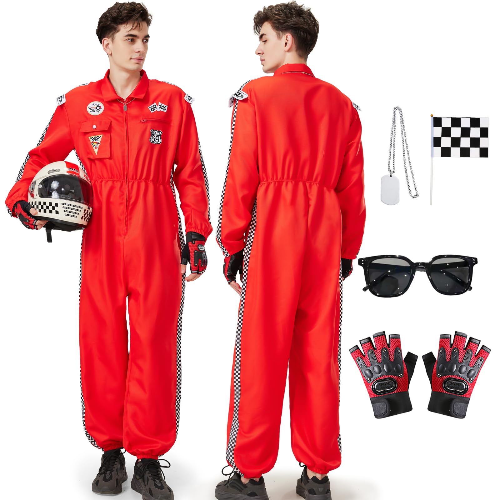 Charmofun Rennfahrer Kostüm Herren, Rennfahrer Anzug Overall Jumpsuit für Erwachsene, Racer Overall Rennwagenfahrer Kostüm mit Handschuhen, Sonnenbrille für Karneval