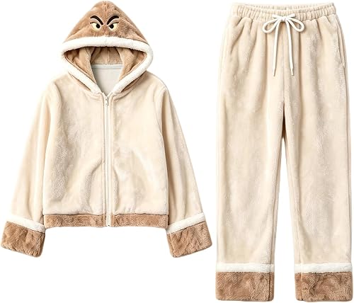 ASUIU Ladies Pajamas Fluffy Long Sleeve Zip Up Hoodie and Pa
